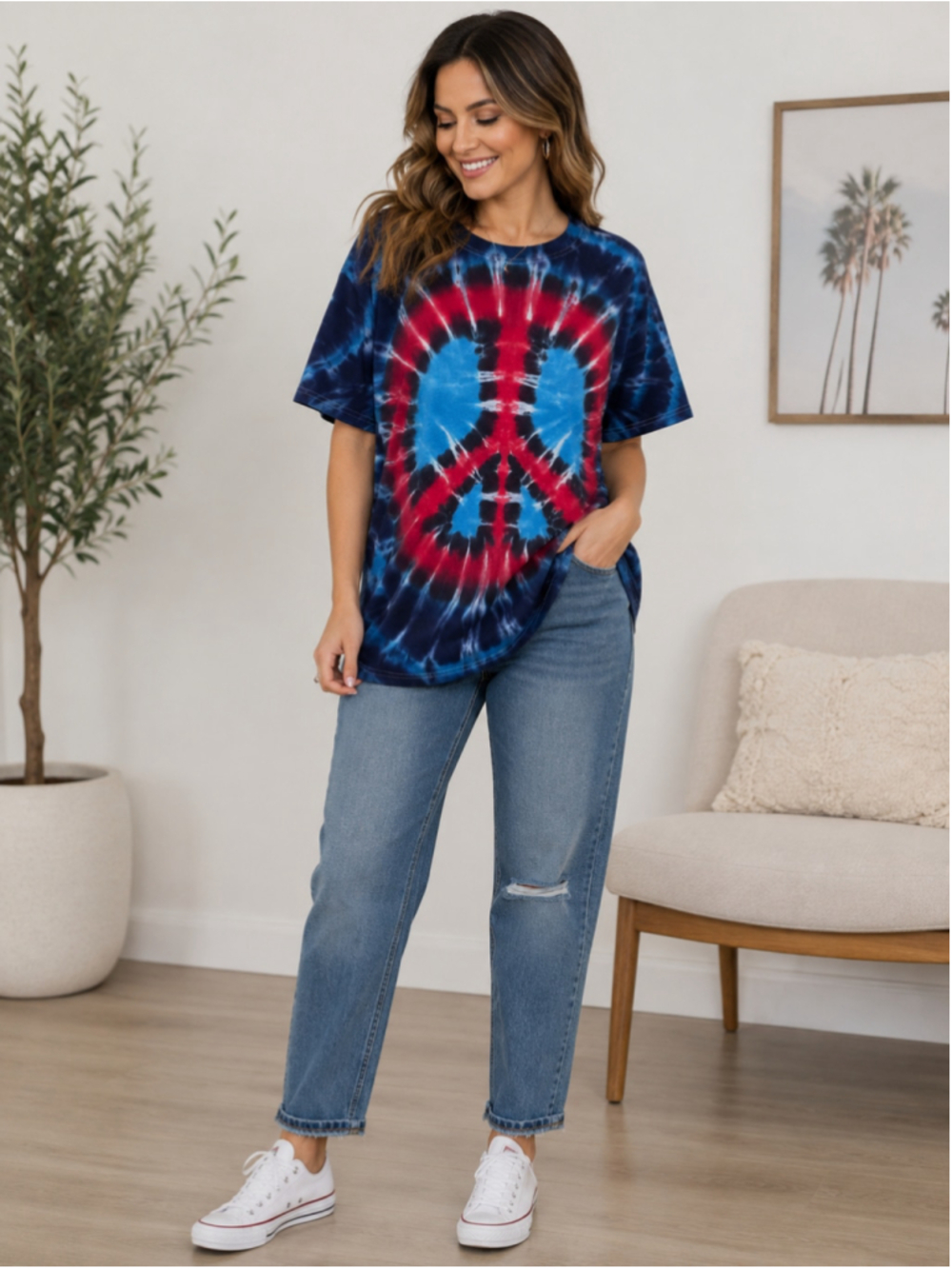 Women's Hanes Tie-Dye Peace Sign Graphic Tee, Size M, Blue and Red